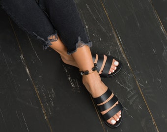 Handmade Greek Leather Sandals, Black Roman Style