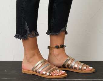 Handgefertigte Metallic Leder Gladiator Sandalen, griechischen Riemen Sandalen