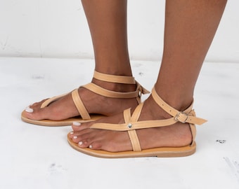 Handmade Greek Leather Sandals, Natural Beige Flat Sandals