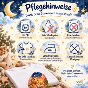 May include: An infographic titled Pflegehinweise featuring care instructions for clothing. It displays icons for washing at 30 degrees Celsius, avoiding fabric softener and bleach, air drying, washing inside out, ironing carefully, and no dry cleaning.