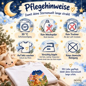 K&ouml;nnte beinhalten: Eine Infografik mit dem Titel Pflegehinweise zeigt Symbole f&uuml;r die Textilpflege: 30 Grad Schonwaschgang, kein Weichsp&uuml;ler, nicht bleichen, nicht in den Trockner, auf links waschen, vorsichtig b&uuml;geln und keine chemische Reinigung. Ein wei&szlig;es T-Shirt mit einem Stier-Motiv ist abgebildet.