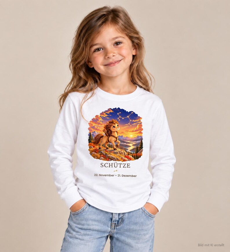 Mädchen trägt Kinder-Langarmshirt mit Schütze-Motiv aus „Deine kleine Sternenwelt“ (Bild mit KI erstellt)