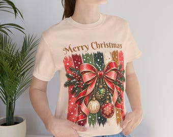 Merry Christmas Shirt Women, Bow and Stripes Christmas T-Shirt, Holiday Tee, Christmas Gift for Her, Mom, Sister, Friend