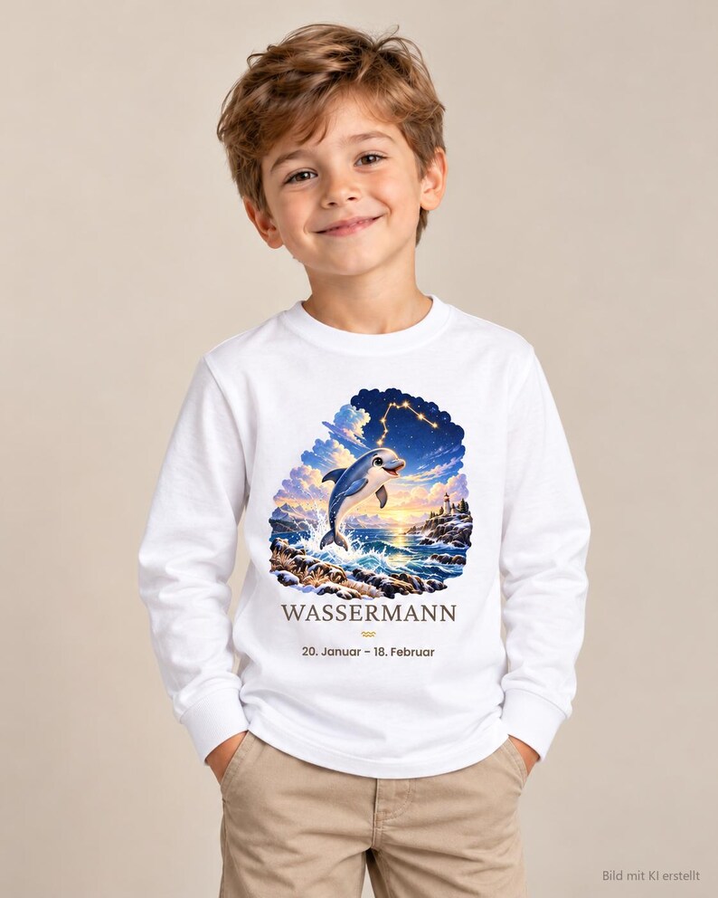 Junge trägt Kinder-Langarmshirt mit Wassermann-Motiv aus „Deine kleine Sternenwelt“ (Bild mit KI erstellt)