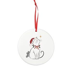 Personalized Cat Christmas Ornament with Name, Elegant Cat in Santa Hat, Flat Ceramic Tree Ornament, Gift for Cat Lovers and Cat Moms image 3