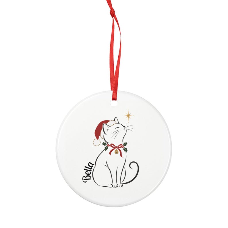 Personalized Cat Christmas Ornament with Name, Elegant Cat in Santa Hat, Flat Ceramic Tree Ornament, Gift for Cat Lovers and Cat Moms image 3