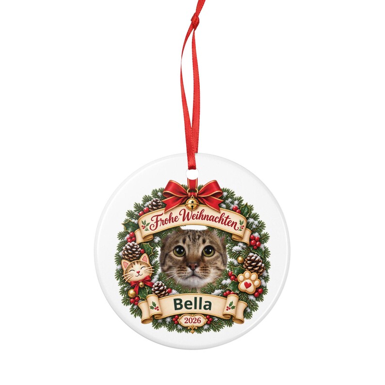 German Cat Photo Christmas Ornament 2026 Frohe Weihnachten, Personalized Cat Name, Flat Ceramic, Gift for Cat Lovers and Cat Moms image 4