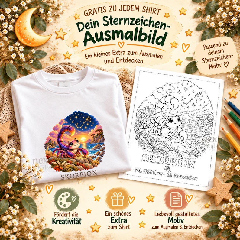 Puede incluir: Una camiseta blanca con una ilustraci&oacute;n colorida de un escorpi&oacute;n y el texto Skorpion, junto con una p&aacute;gina para colorear en blanco y negro de un escorpi&oacute;n que incluye el texto Skorpion y 24. Oktober - 21. November.