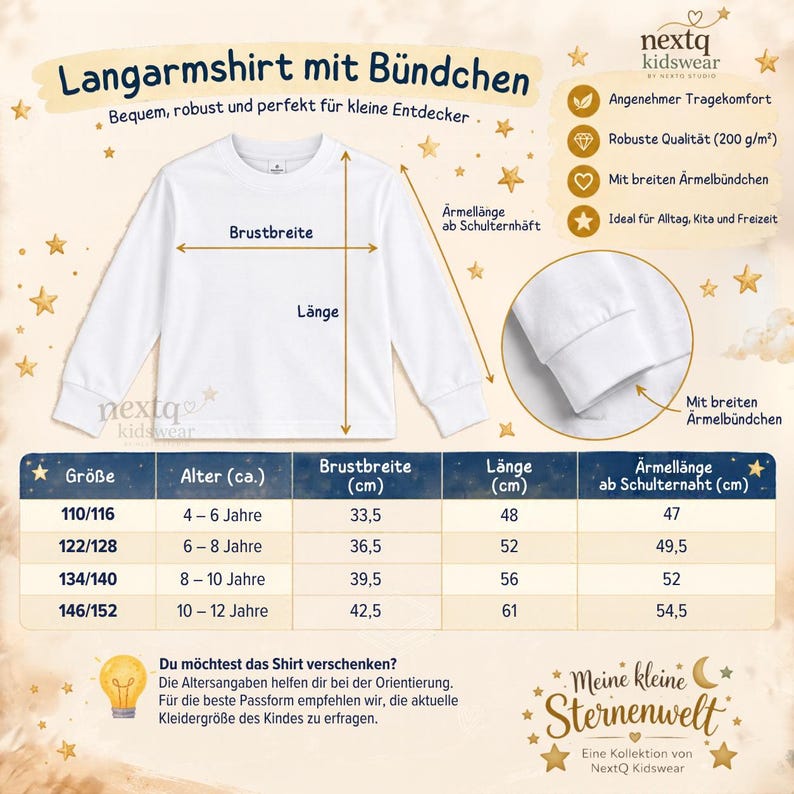 Pode incluir: Uma camisola branca de manga comprida com punhos canelados, apresentada com uma tabela de tamanhos que indica medidas em cent&iacute;metros para largura do peito, comprimento e comprimento da manga, com a marca nextq kidswear.