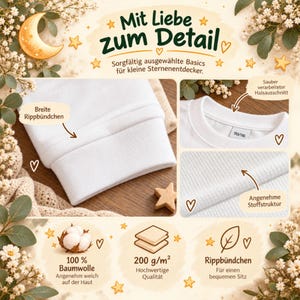 Puede incluir: Una camiseta blanca de manga larga con pu&ntilde;os acanalados anchos, un cuello limpio y una textura de tela marcada. La prenda incluye una etiqueta con la talla 110/116, est&aacute; hecha de 100% algod&oacute;n y tiene un gramaje de 200 g/m2 de calidad.
