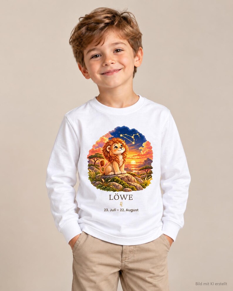 Junge trägt Kinder-Langarmshirt mit Löwe-Motiv aus „Deine kleine Sternenwelt“ (Bild mit KI erstellt)