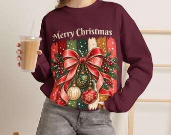 Merry Christmas Sweatshirt Women, Bow and Stripes Christmas Crewneck, Holiday Sweater, Christmas Gift for Her, Mom, Friend