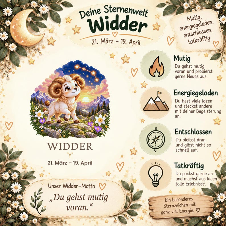 K&ouml;nnte beinhalten: Ein dekoratives Poster zum Sternzeichen Widder mit einer zentralen Illustration eines Widders, dem Text 'Deine Sternenwelt Widder', '21. M&auml;rz - 19. April' sowie den beschreibenden Eigenschaften 'Mutig', 'Energiegeladen', 'Entschlossen' und 'Tatkr&auml;ftig' mit Symbolen.