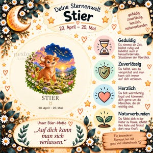 K&ouml;nnte beinhalten: Ein dekoratives Poster mit dem Titel 'Deine Sternwelt Stier', das einen Comic-Stier auf einer Wiese, die Daten '20. April - 20. Mai' sowie vier kreisf&ouml;rmige Symbole mit deutschen Texten zu Charaktereigenschaften zeigt.
