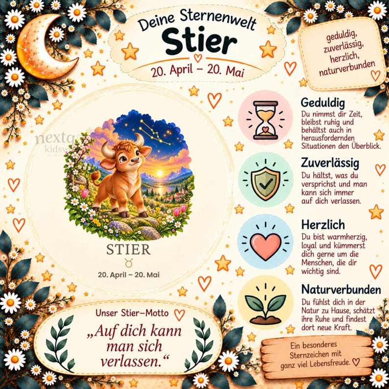 K&ouml;nnte beinhalten: Ein dekoratives Poster mit dem Titel 'Deine Sternwelt Stier', das einen Comic-Stier auf einer Wiese, die Daten '20. April - 20. Mai' sowie vier kreisf&ouml;rmige Symbole mit deutschen Texten zu Charaktereigenschaften zeigt.