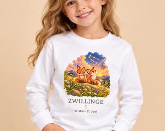 Gemini Zodiac Sign Children's Long-Sleeve Shirt – Two Little Foxes with Constellation | Personalized Birthday Shirt with Name & Number