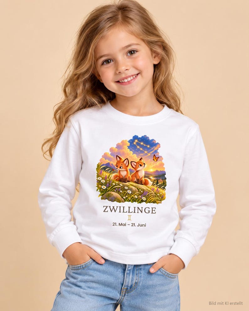 Mädchen trägt Kinder-Langarmshirt mit Zwillinge-Motiv aus „Deine kleine Sternenwelt“ (Bild mit KI erstellt)