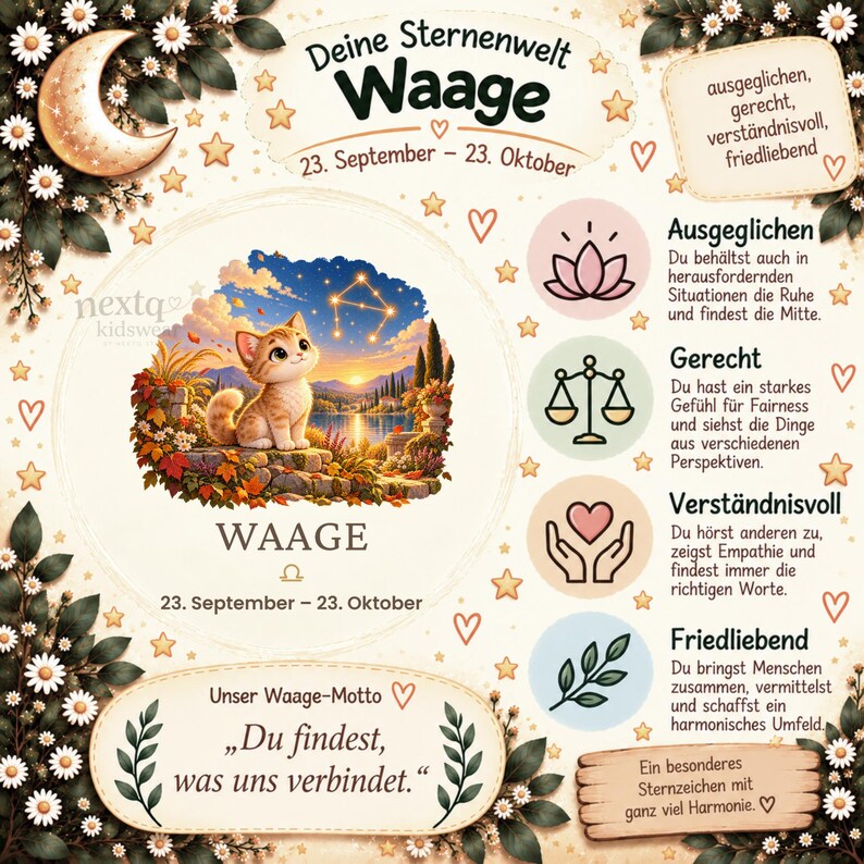 May include: A decorative poster featuring the Libra zodiac sign, displaying the text 'Deine Sternenwelt Waage', dates '23. September &ndash; 23. Oktober', and a central illustration of a kitten looking at a constellation above a lake.