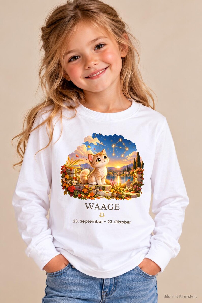 Mädchen trägt Kinder-Langarmshirt mit Waage-Motiv aus „Deine kleine Sternenwelt“ (Bild mit KI erstellt)