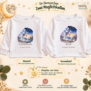 May include: Two white long-sleeve shirts featuring a graphic of a dolphin jumping over ocean waves under a starry constellation. One shirt displays the text WASSERMANN, the other REN&Eacute;, both with the date range 20. Januar - 18. Februar.