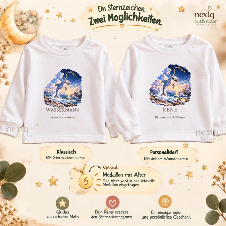 May include: Two white long-sleeve shirts featuring a graphic of a dolphin jumping over ocean waves under a starry constellation. One shirt displays the text WASSERMANN, the other REN&Eacute;, both with the date range 20. Januar - 18. Februar.