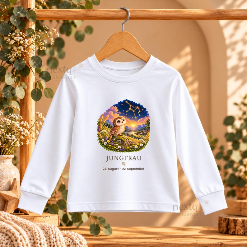 May include: A white long-sleeve shirt featuring a graphic of an owl perched in a field with a sunset and constellation background. Below the graphic, the text reads JUNGFRAU, the Virgo symbol, and the date range 23. August &ndash; 22. September.