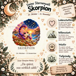 Puede incluir: Un p&oacute;ster decorativo con un escorpi&oacute;n de dibujos animados, el texto 'Deine Sternenwelt Skorpion', las fechas '24. Oktober &ndash; 21. November' y el s&iacute;mbolo del zodiaco Escorpio. Incluye texto en alem&aacute;n, bordes florales, una luna y estrellas.