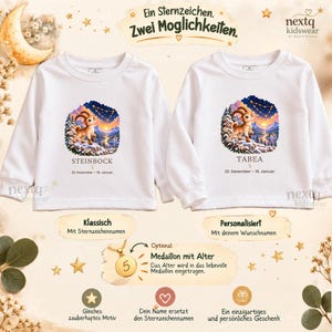 May include: Two white long-sleeve shirts featuring a graphic of a Capricorn goat in a snowy mountain landscape under a starry sky. The left shirt displays the text "STEINBOCK" and the right shirt displays the name "TABEA" with dates.