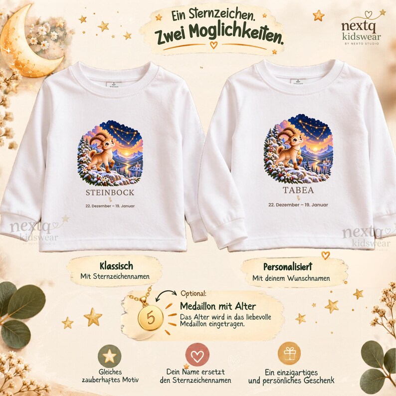May include: Two white long-sleeve shirts featuring a graphic of a Capricorn goat in a snowy mountain landscape under a starry sky. The left shirt displays the text "STEINBOCK" and the right shirt displays the name "TABEA" with dates.