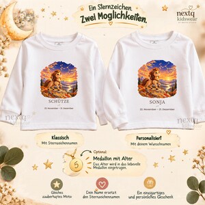 May include: Two white long-sleeve shirts featuring a graphic of a cartoon horse standing on a cliff at sunset. One shirt displays the text SCH&Uuml;TZE and 22. November - 21. Dezember, while the other displays SONJA and 22. November - 21. Dezember.