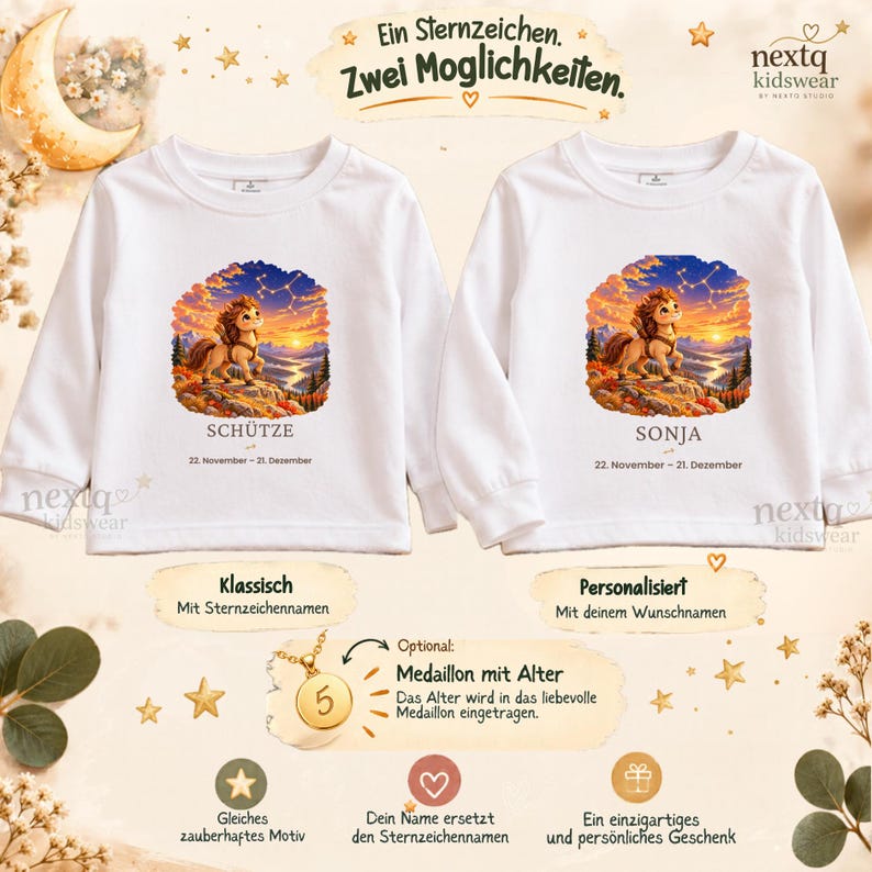 May include: Two white long-sleeve shirts featuring a graphic of a cartoon horse standing on a cliff at sunset. One shirt displays the text SCH&Uuml;TZE and 22. November - 21. Dezember, while the other displays SONJA and 22. November - 21. Dezember.