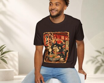 Kawaii Ramen Cat T-shirt i japansk vintagestil, present till kattälskare och animefans, smokingkatt som äter nudlar, mammakatt