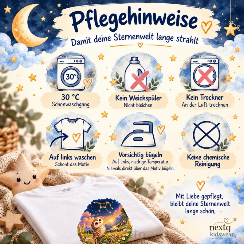 May include: An instructional graphic titled Pflegehinweise featuring icons for garment care: wash at 30 degrees Celsius, no fabric softener, no tumble drying, wash inside out, iron carefully, and no dry cleaning, with a white t-shirt below.