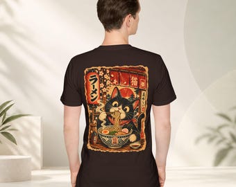 Kawaii Ramen Cat Back Print Shirt, Vintage Japanese Tuxedo Cat Eating Noodles Tee, Anime Foodie Gift for Cat Lover, Retro Japan Art