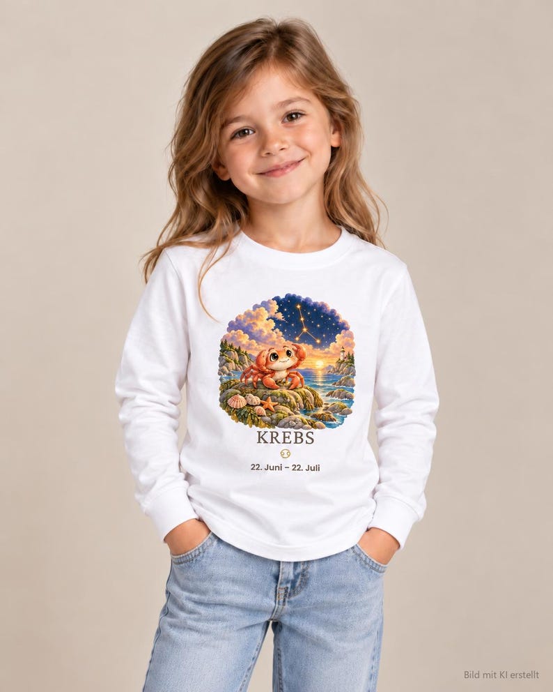 Mädchen trägt Kinder-Langarmshirt mit Krebs-Motiv aus „Deine kleine Sternenwelt“ (Bild mit KI erstellt)
