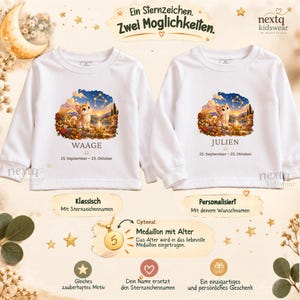May include: Two white long-sleeve shirts featuring a graphic of a kitten sitting in a landscape with a constellation above. One shirt displays the text WAAGE and 23. September - 23. Oktober, while the other displays JULIEN and 23. September - 23. Oktober.
