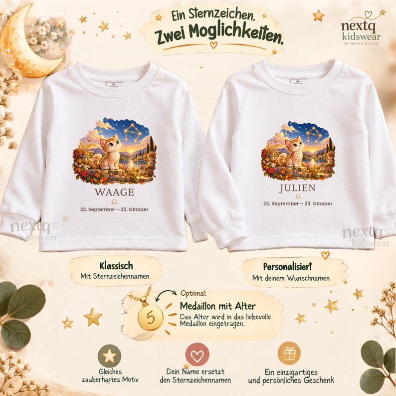 May include: Two white long-sleeve shirts featuring a graphic of a kitten sitting in a landscape with a constellation above. One shirt displays the text WAAGE and 23. September - 23. Oktober, while the other displays JULIEN and 23. September - 23. Oktober.