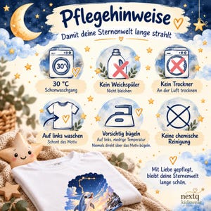 May include: An instructional graphic titled Pflegehinweise featuring icons for garment care: wash at 30 degrees Celsius, no fabric softener, no tumble dryer, wash inside out, iron carefully, and no dry cleaning, with a white t-shirt below.