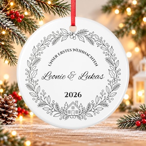 German Our First Christmas Ornament 2026 Unser erstes Weihnachten, Personalized Couple Names, Flat Ceramic, Gift for Couples image 1