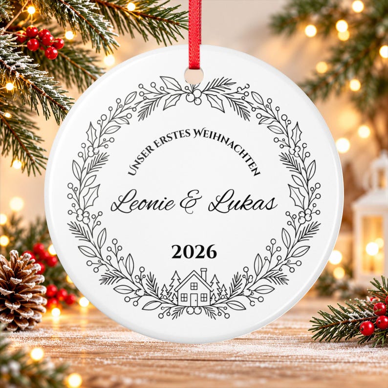 German Our First Christmas Ornament 2026 Unser erstes Weihnachten, Personalized Couple Names, Flat Ceramic, Gift for Couples image 1