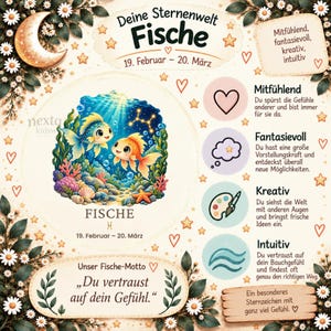 Puede incluir: Un p&oacute;ster decorativo del signo zodiacal Piscis con dos peces animados en una escena submarina, una luna creciente y margaritas. El texto incluye 'Deine Sternenwelt Fische', las fechas '19. Februar &ndash; 20. M&auml;rz' y rasgos de personalidad como 'Mitf&uuml;hlend', 'Fantasievoll', 'Kreativ' e 'Intuitiv'.