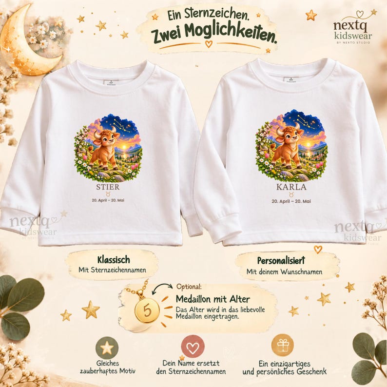 K&ouml;nnte beinhalten: Zwei wei&szlig;e Langarmshirts mit einer Grafik eines Zeichentrick-Stiers in einer Landschaft, dem Text "STIER" und "KARLA", den Daten "20. April - 20. Mai" sowie einem goldenen Medaillon-Anh&auml;nger mit der Zahl 5.