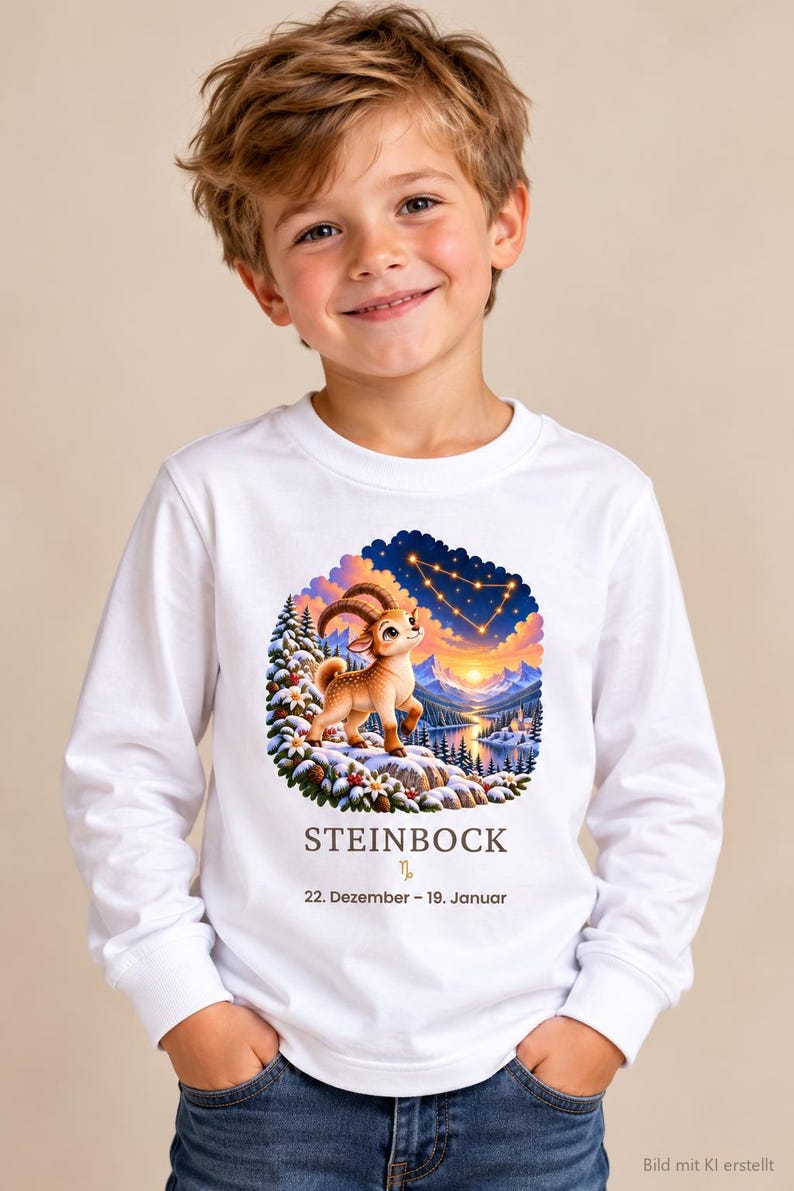 Junge trägt Kinder-Langarmshirt mit Steinbock-Motiv aus „Deine kleine Sternenwelt“ (Bild mit KI erstellt)