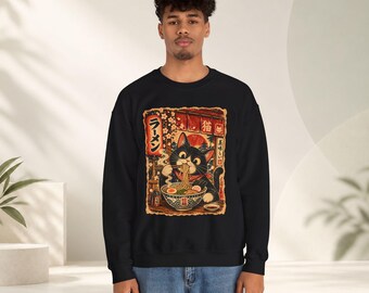 Kawaii Ramen Cat Sweatshirt, Vintage Japanese Tuxedo Cat Noodle Crewneck, Anime Foodie Gift for Cat Lover, Retro Japan Art Pullover