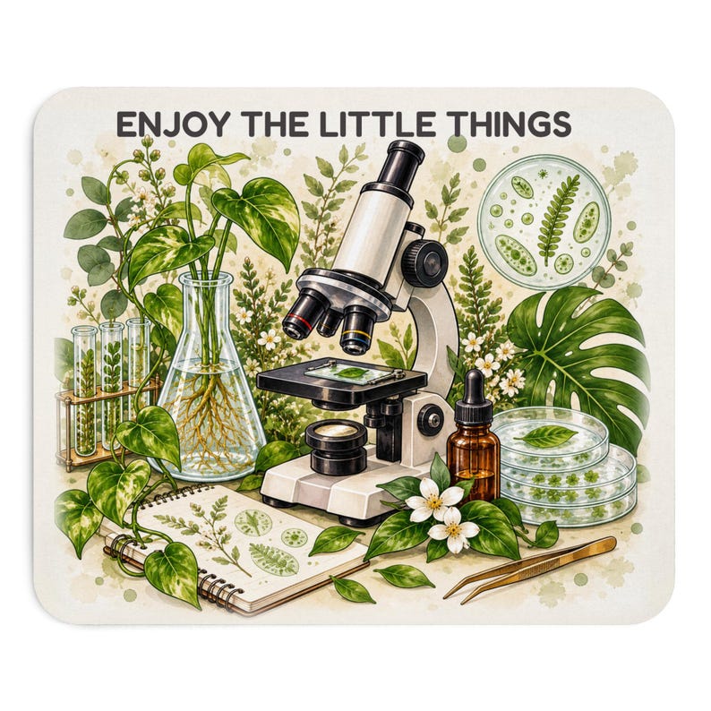 Biology Mouse Pad, Enjoy the Little Things Microscope Mousepad, Botanical Lab Desk Decor, Gift for Biologist, Lab Tech, Teacher image 1