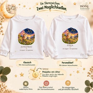 May include: Two white long-sleeve shirts featuring a graphic of an owl, a constellation, and a landscape. One shirt displays the text Jungfrau, the other Finja, with the dates 23. August - 22. September and the Virgo zodiac symbol.