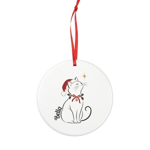 Personalized Cat Christmas Ornament with Name, Elegant Cat in Santa Hat, Flat Ceramic Tree Ornament, Gift for Cat Lovers and Cat Moms image 4