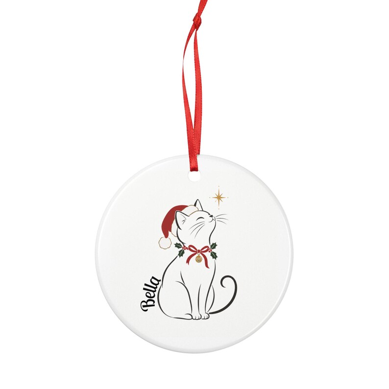 Personalized Cat Christmas Ornament with Name, Elegant Cat in Santa Hat, Flat Ceramic Tree Ornament, Gift for Cat Lovers and Cat Moms image 4