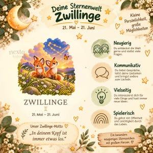 Pode incluir: Um cartaz decorativo com duas raposas sentadas numa colina relvada sob um c&eacute;u estrelado com a constela&ccedil;&atilde;o de G&eacute;meos. O texto inclui 'Deine Sternenwelt Zwillinge', '21. Mai - 21. Juni' e v&aacute;rios tra&ccedil;os de personalidade em alem&atilde;o.