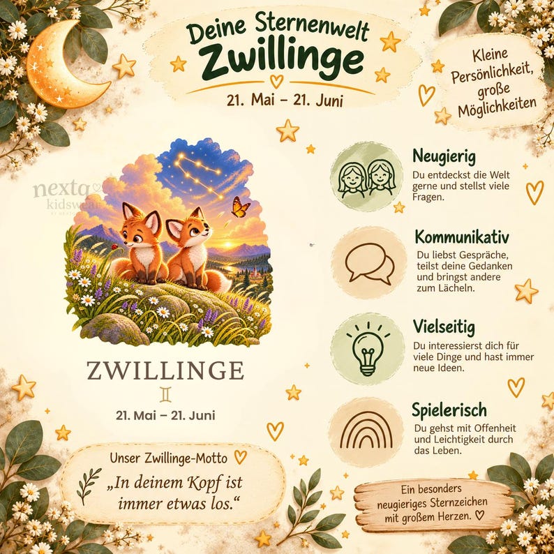 Pode incluir: Um cartaz decorativo com duas raposas sentadas numa colina relvada sob um c&eacute;u estrelado com a constela&ccedil;&atilde;o de G&eacute;meos. O texto inclui 'Deine Sternenwelt Zwillinge', '21. Mai - 21. Juni' e v&aacute;rios tra&ccedil;os de personalidade em alem&atilde;o.